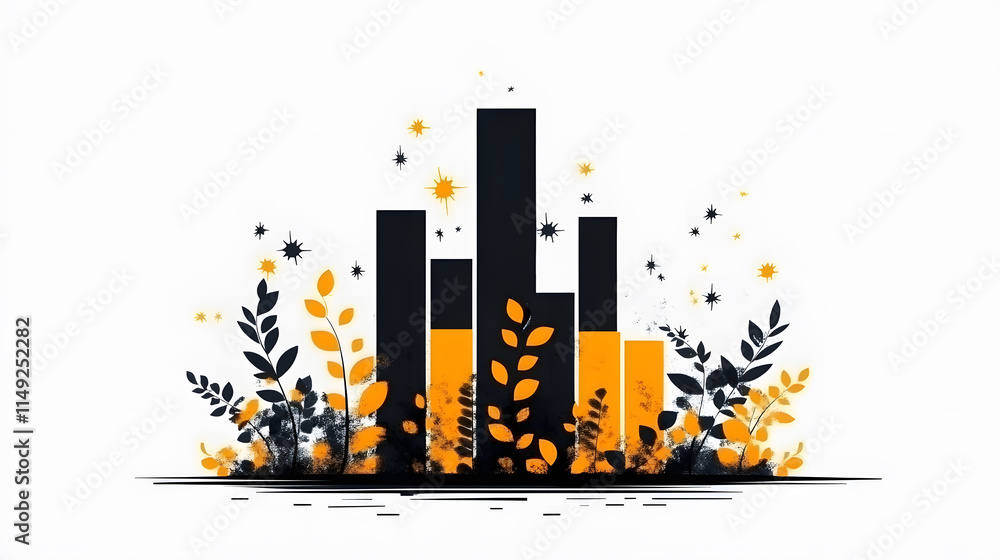 Poster a vibrant digital illustration featuring bar graphs intertwined with colorful foliage, symbolizing g