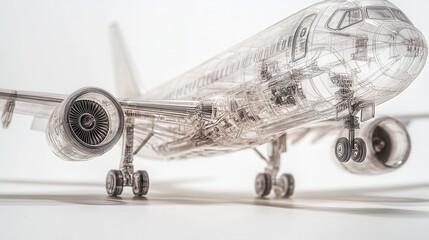 Transparent X-Ray Model of Airplane on White Background Engineering Design Concept for Aviation Industry