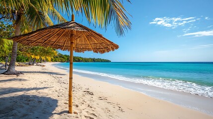 Idyllic tropical beach scene with thatched umbrella, clear turquoise water, white sand, and palm trees.