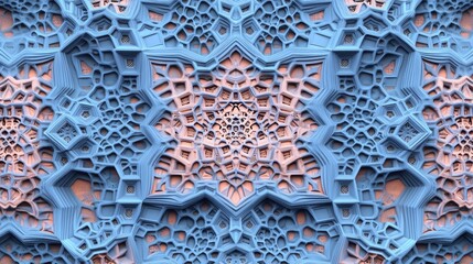 Intricate 3D Geometric Pattern Abstract Art: Blue and Peach Hues Kaleidoscopic Design Digital Artwork