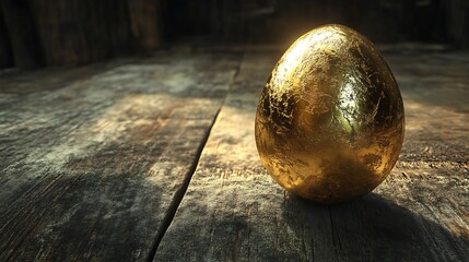 Fototapeta premium Prosperity symbol golden egg resting on aged wooden table for financial stability