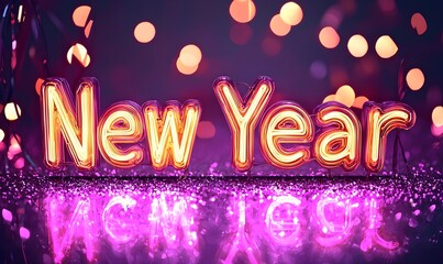 An isolated 3D &ldquo;New Year&rdquo; sign in orange and pink neon lights on a pastel purple background with glitter