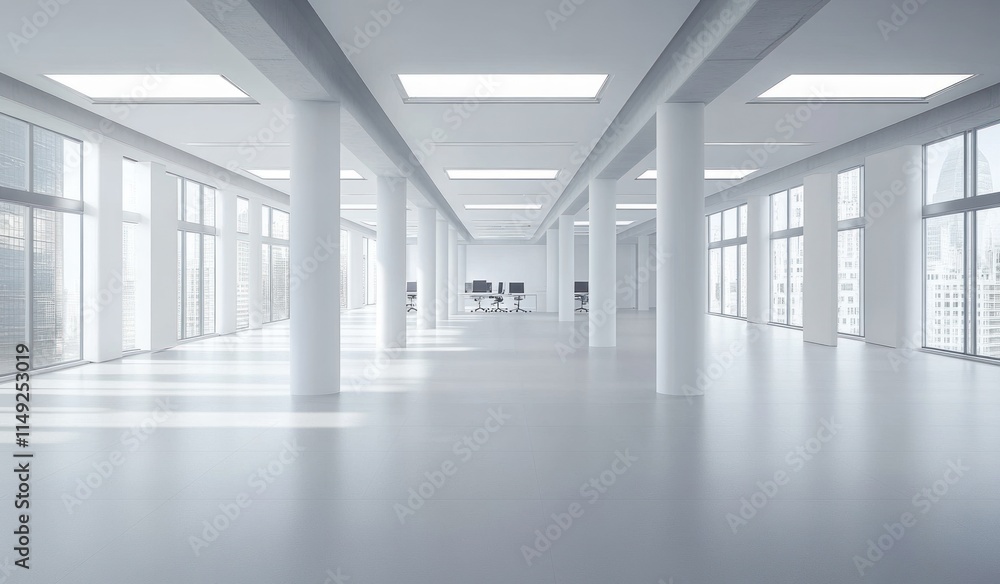 Poster empty modern white office space with large windows and columns.