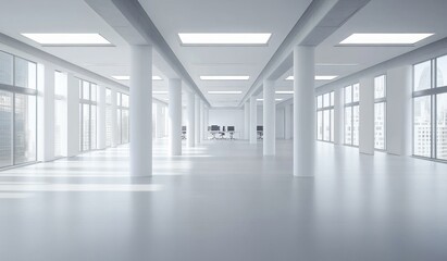 Obraz premium Empty modern white office space with large windows and columns.