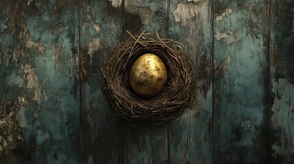Golden nest egg on weathered wood backdrop for prosperity and security theme