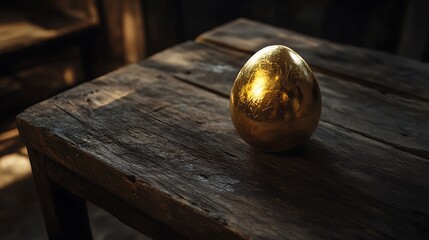 Fototapeta premium Wealth symbol golden egg resting on dark natural wooden table for investment banner
