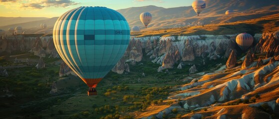 Obraz premium A sunrise hot air balloon ride over Cappadocia, Turkey, where dozens of balloons float gracefully above dramatic rock formations and lush valleys, offering breathtaking panoramic views as the 