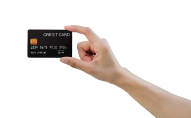 female shopping hand holding credit card with isolated against transparent background.