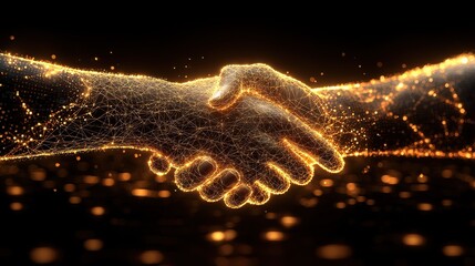 Two glowing hands in a digital handshake made of golden light particles, symbolizing technology, collaboration, partnership, and trust in a futuristic, networked environment.