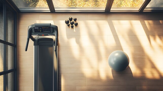 Modern Home Gym with Treadmill and Fitness Accessories in Natural Light