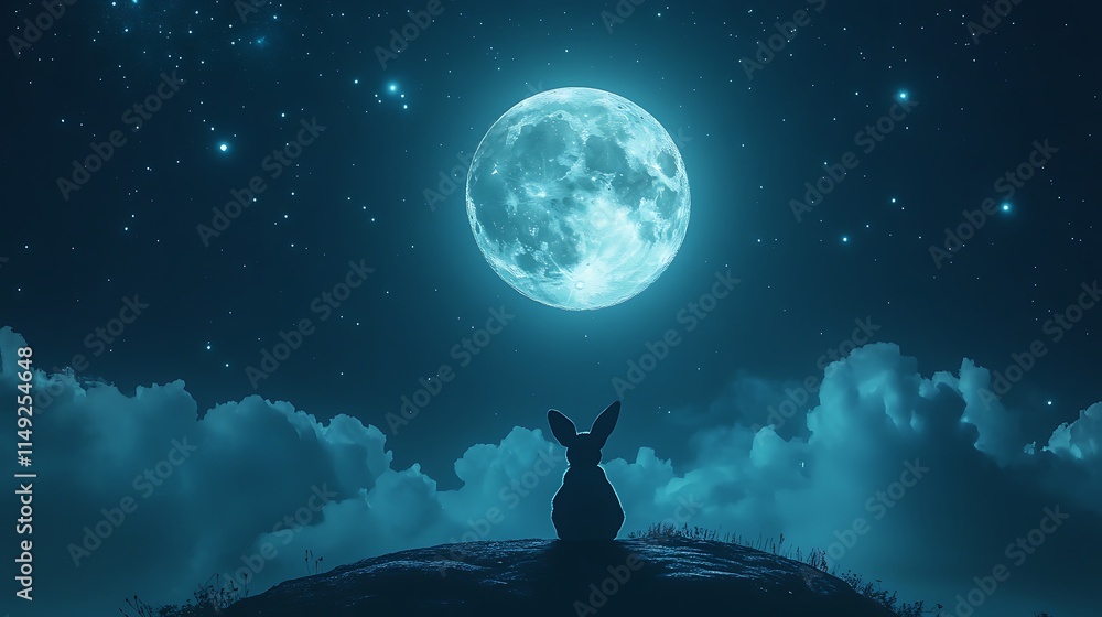 Wall mural realistic floating moon glowing softly with a rabbit gazing at the stars from its surface