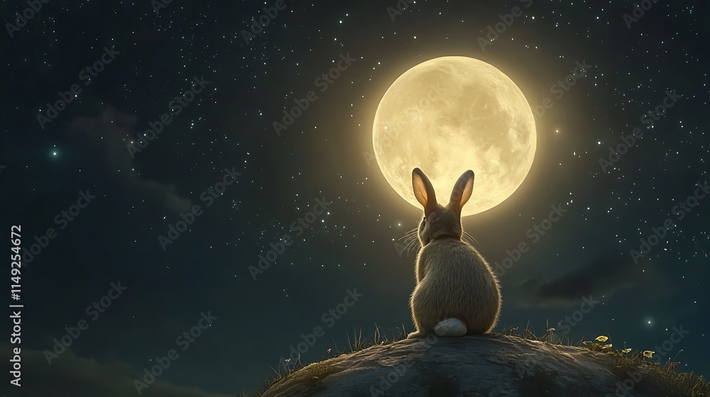 Wall mural realistic floating moon glowing softly with a rabbit gazing at the stars from its surface