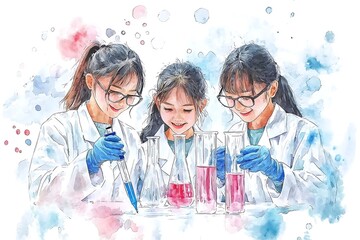 Three female scientists collaborating on a scientific experiment in a watercolor painting style.