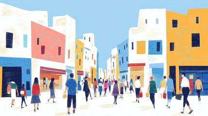 Fototapeta premium Colorful illustration of noisy city street. People walk in many directions. Buildings are in vibrant colors. Urban scene shows diversity. Daytime activity. Retro style.