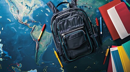 Back to school mockup with a sleek backpack, international relations books, and colorful pens on a dynamic world map background, with a mockup