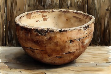 Fototapeta premium A Rustic Wooden Bowl on a Weathered Wooden Surface, Watercolor Style.