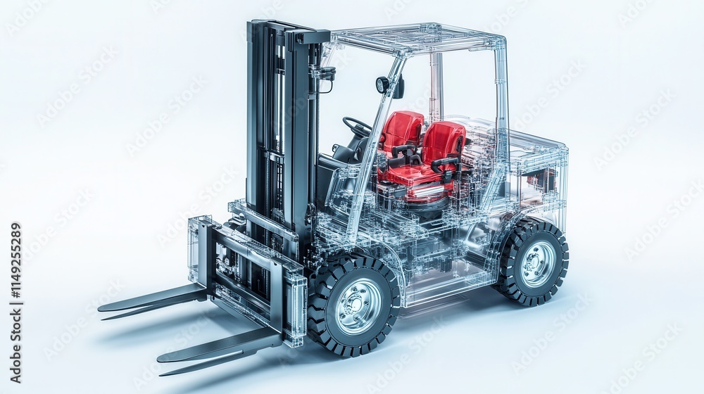 Poster transparent 3d render of a modern forklift detailed internal components and mechanism visualization