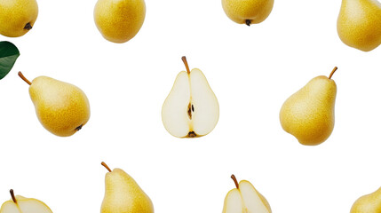 Fresh yellow pears and sliced pear pattern on white background