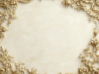 Elegant Gold Floral Frame on Beige Marble Background Luxury Vintage Design for Invitations, Cards, and Wall Decor