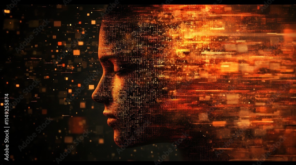 Poster abstract digital face profile fiery orange data stream and binary code forming a human head silhouet