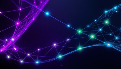 Fototapeta premium A futuristic mesh grid suspended in a dark void, with glowing nodes at each intersection radiating in vibrant hues of magenta, cyan, and lime green.