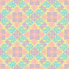 Elegant Thai Art Design with Pastel Pink, Blue, and Yellow Symmetrical Patterns, Floral Motifs, and Traditional Geometric Layout - Ideal for Textile, Decor, and Artistic Creations