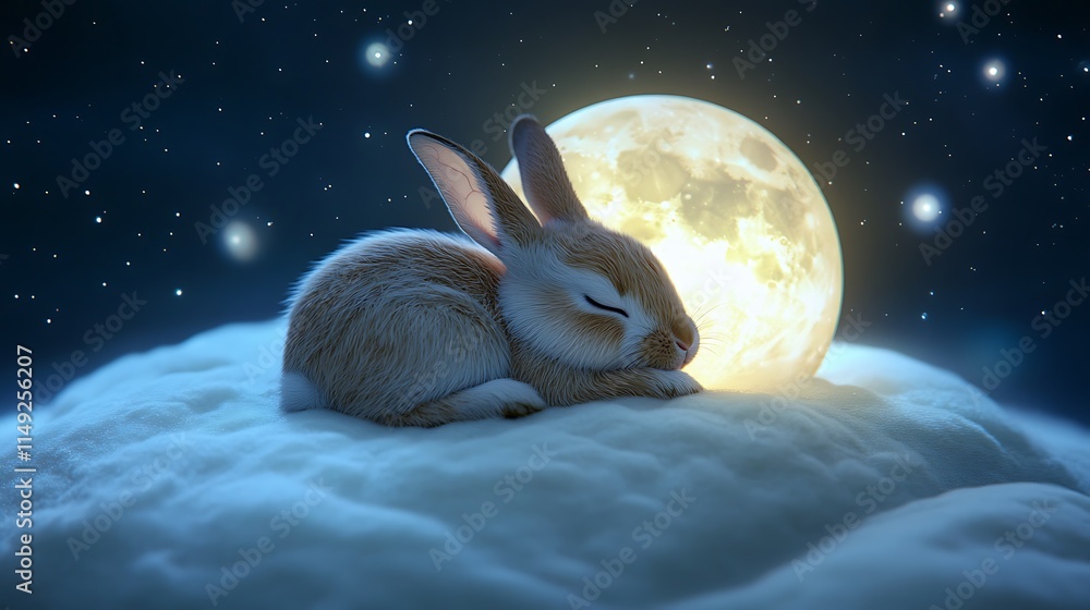 Wall mural adorable rabbit relaxing on a softly glowing moon floating above a tranquil celestial scene