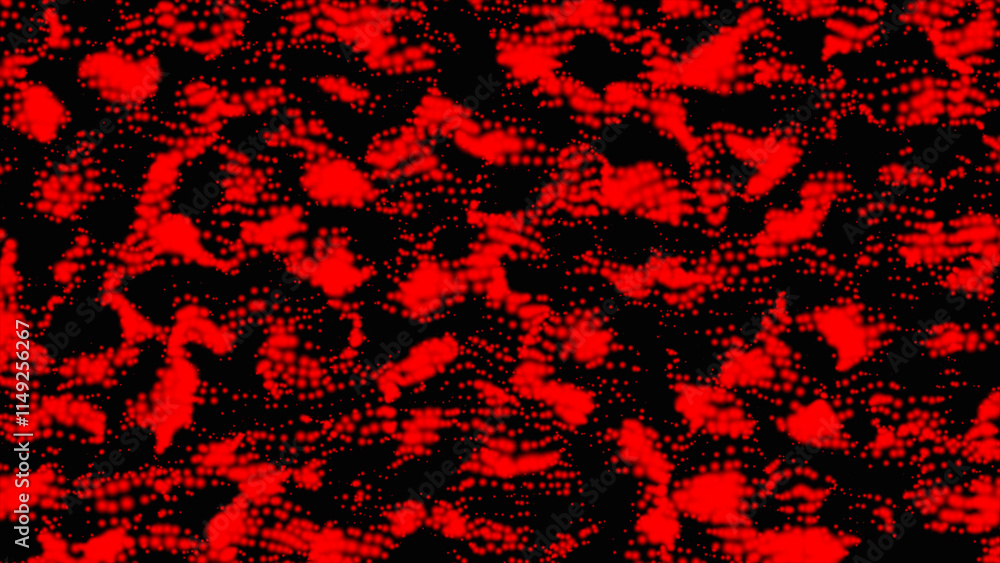 Poster red waving particles in the abstract space, computer generated 3d rendering liquid surface. abstract