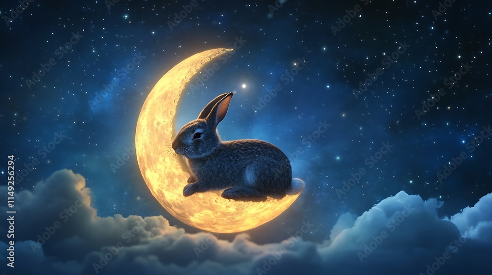 Wall mural adorable rabbit relaxing on a softly glowing moon floating above a tranquil celestial scene
