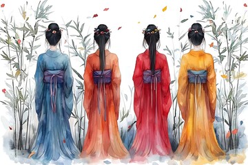 Four Women in Traditional Asian Kimonos Standing Back-to-Back Against a Bamboo Forest Backdrop.