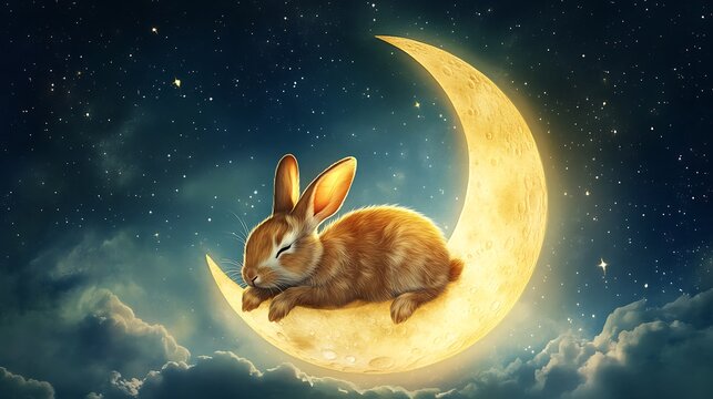 Adorable rabbit relaxing on a softly glowing moon floating above a tranquil celestial scene