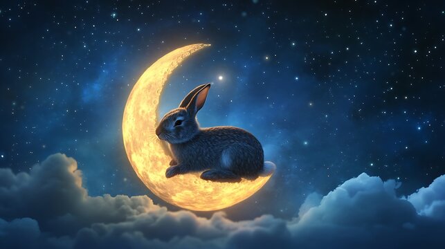 Adorable rabbit relaxing on a softly glowing moon floating above a tranquil celestial scene