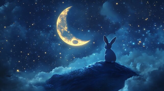 Floating moon with an adorable rabbit enjoying the quiet night amidst a galaxy of stars