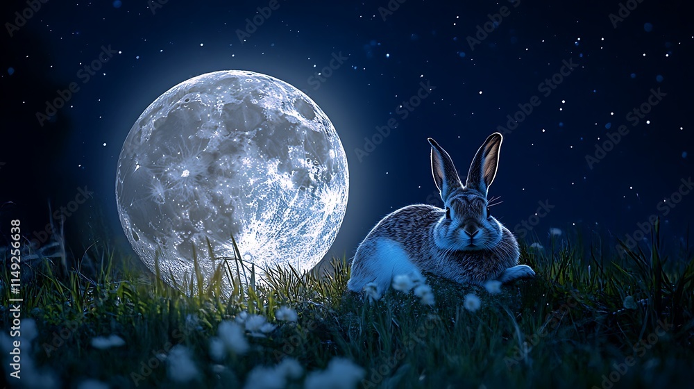 Wall mural realistic floating moon softly illuminated with a rabbit resting peacefully on top