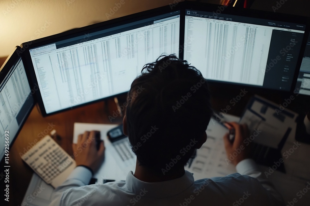 Poster accountant meticulously cross referencing spreadsheets and audit reports at dual screen workstation