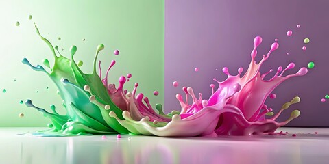 Dynamic Color Splash A vibrant explosion of pink and green liquid, creating an abstract artwork of fluid motion and contrasting hues.
