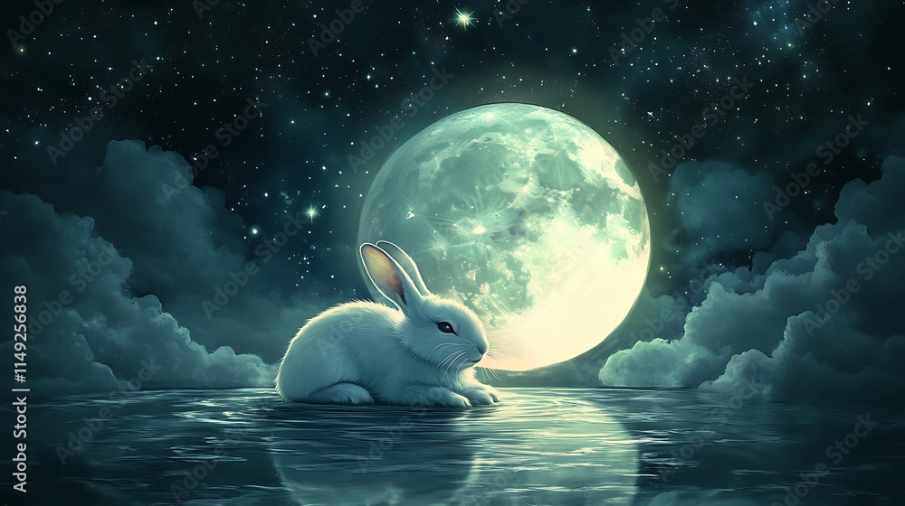 Wall mural adorable moon rabbit resting on a luminous floating moon surrounded by celestial wonders