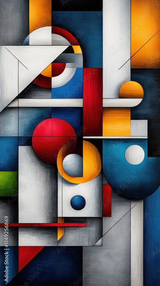 Poster an abstract composition featuring vibrant colors and geometric shapes, creating a dynamic interplay 