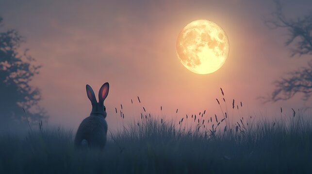 Cute rabbit enjoying the soft glow of a realistic moon floating above a serene landscape