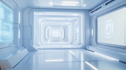 Futuristic White Corridor Sterile, Clean Sci-Fi Spaceship Interior Design, 3D Render of Modern Architectural Tunnel with Bright LED Lighting