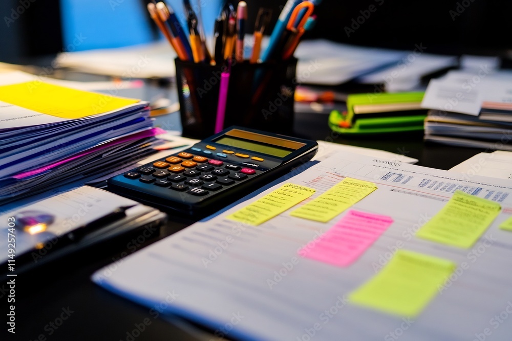 Aufkleber close up of an auditor s desk with highlighters calculators and stacks of reports