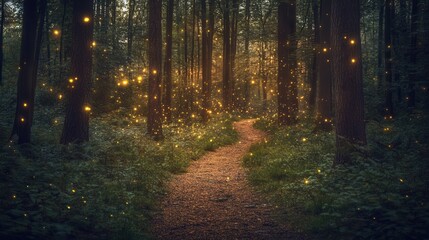 Obraz premium Enchanting Firefly Forest Path Magical Nighttime Nature Scene with Glowing Insects and Winding Trail