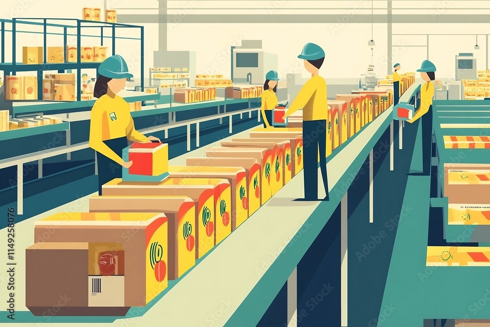 Poster efficient production line with workers packaging and labeling products in a factory warehouse