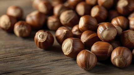 Obraz premium Fresh hazelnuts on rustic wooden table in soft natural light.