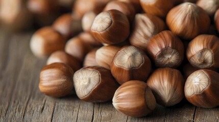 Obraz premium Fresh hazel nuts arranged on rustic wooden table in natural light setting.