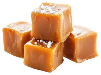 Three caramel cubes stacked and melted caramel chocolate dessert fudge.