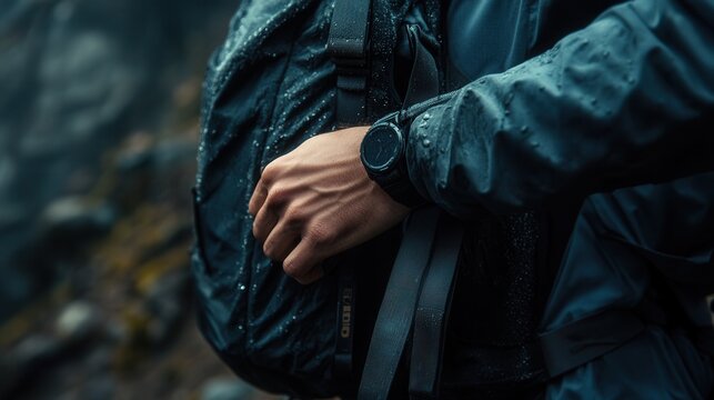 Close-up of a Man's Hand Adjusting a Backpack Strap, Wearing a Smartwatch in the Rain - Outdoor Adventure and Technology Concept. - Powered by Adobe