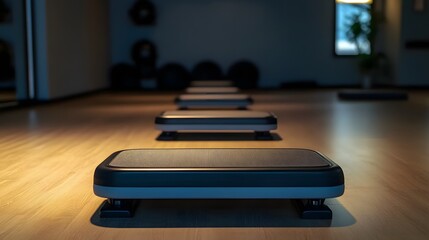 Step Aerobics Gym with Exercise Platforms in Dimly Lit Studio