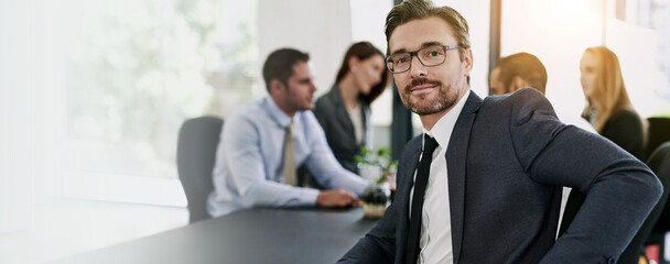 Office, businessman and ceo in portrait for meeting, corporate justice and lawyer with confidence....