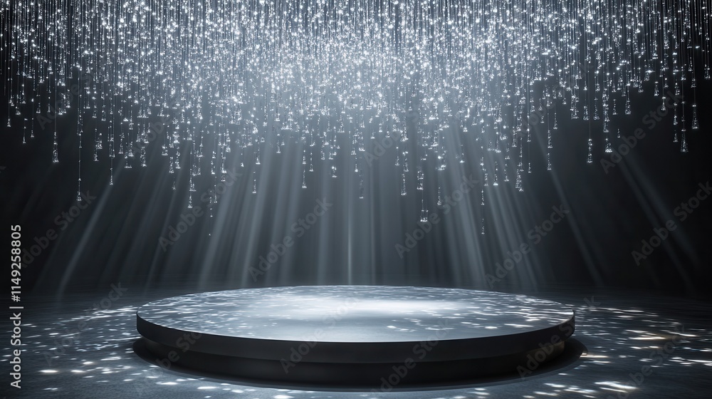 Poster elegant dark background with illuminated circular platform and sparkling rain effect - 3d render